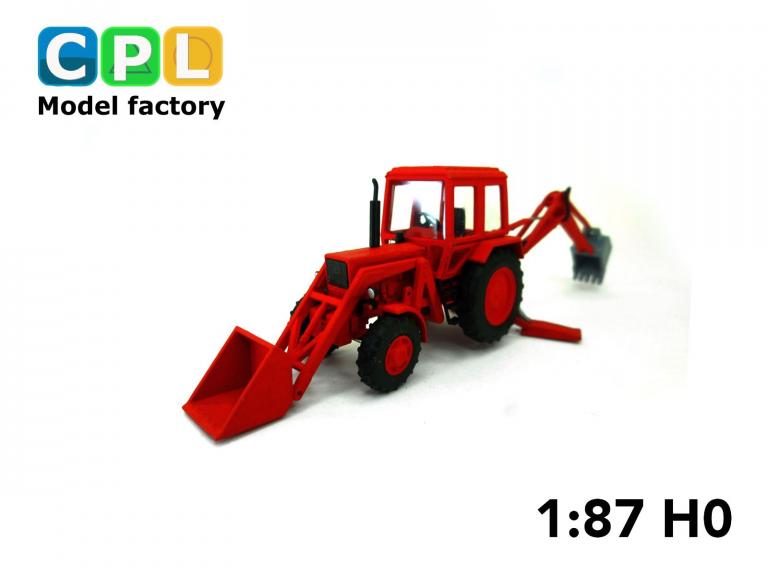 Traktorbagger MTS-82 Frontlader – rot Arbeitsstellung Arm unten